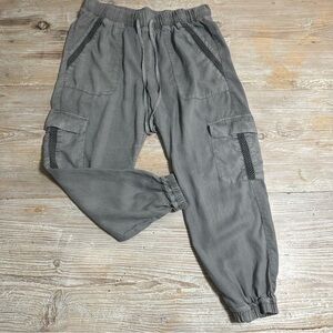Anthropologie Cloth & Stone Gray Cargo Tencel Boho Jogger Pants, Mesh Detail S